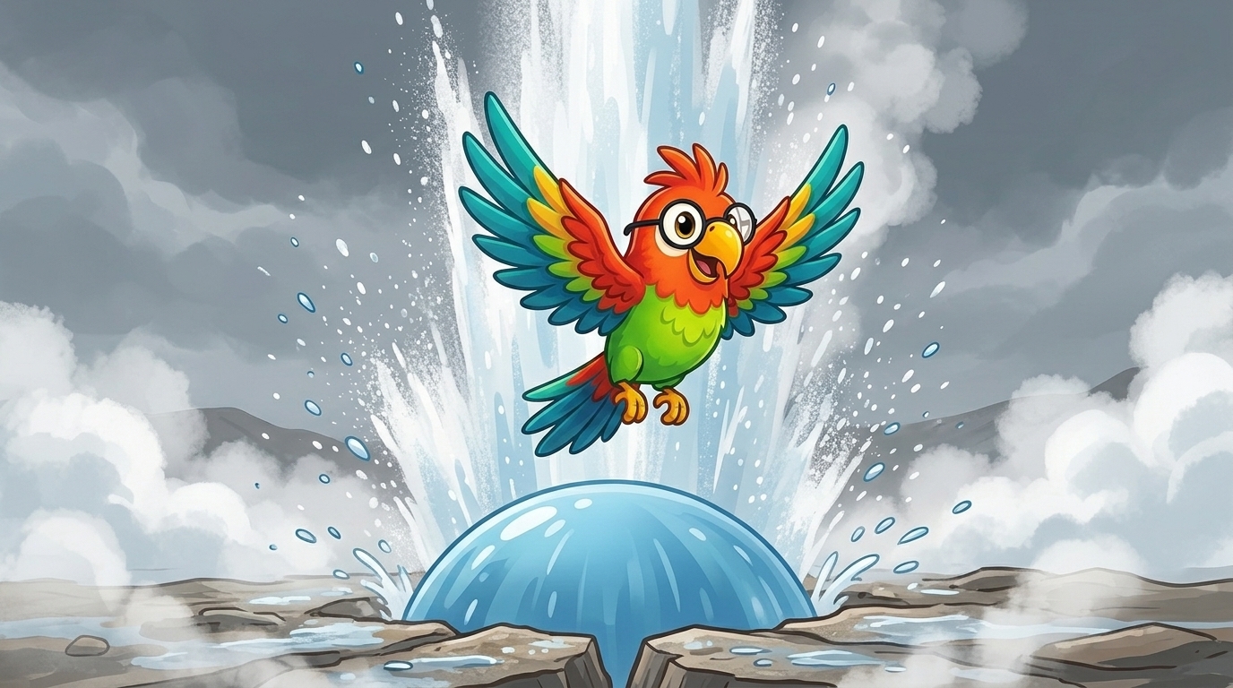 In der Mitte war ein Geysir. Alle paar Minuten sprang das Wasser hoch in den Himmel. Warum? Das Wasser fließt hinunte...