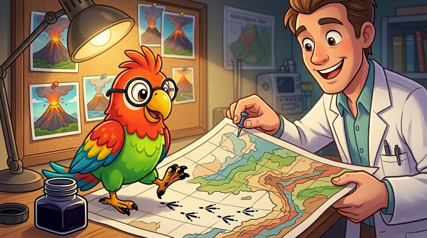Bevor sie wegflog, trat Polly in Tinte. Sie lief über seine Karte. Der Wissenschaftler lachte und hängte sie an die W...