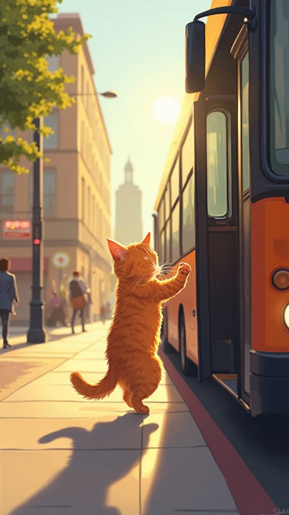 Wenn der Bus an ihrer Haltestelle ankommt, steht die Katze auf. Sie wartet geduldig und sicher an der Tür. Die Türen ...