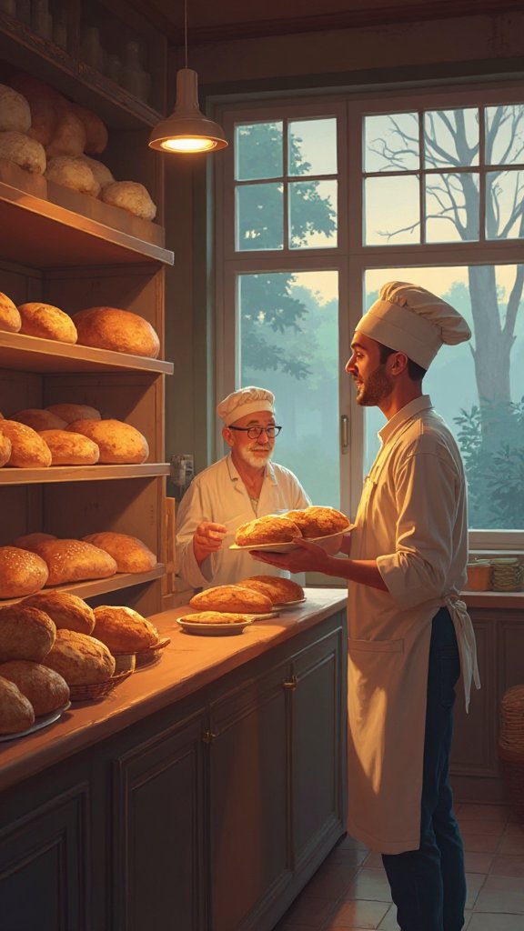 Gegen sechs Uhr morgens erwacht das Dorf langsam. Die Menschen öffnen die Augen und riechen das warme Brot. Sie gehen...