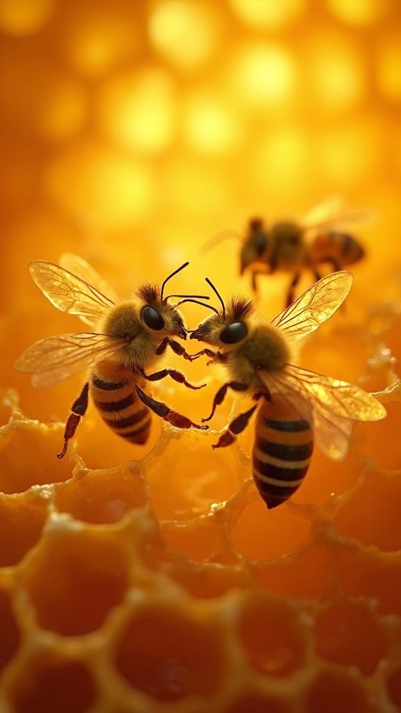 Zurück im Bienenstock gibt die Biene den Nektar an andere Bienen weiter. Sie reichen ihn von Mund zu Mund und fügen d...