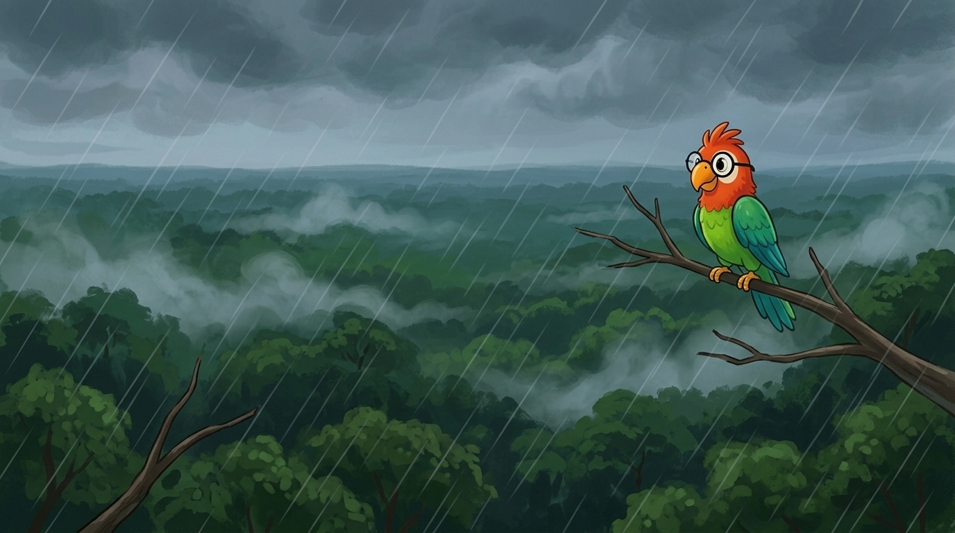 Am Abend machte der Wald Nebel. Der Nebel wurde zu Wolken. Der Wald macht seinen eigenen Regen. Polly saß auf einem h...