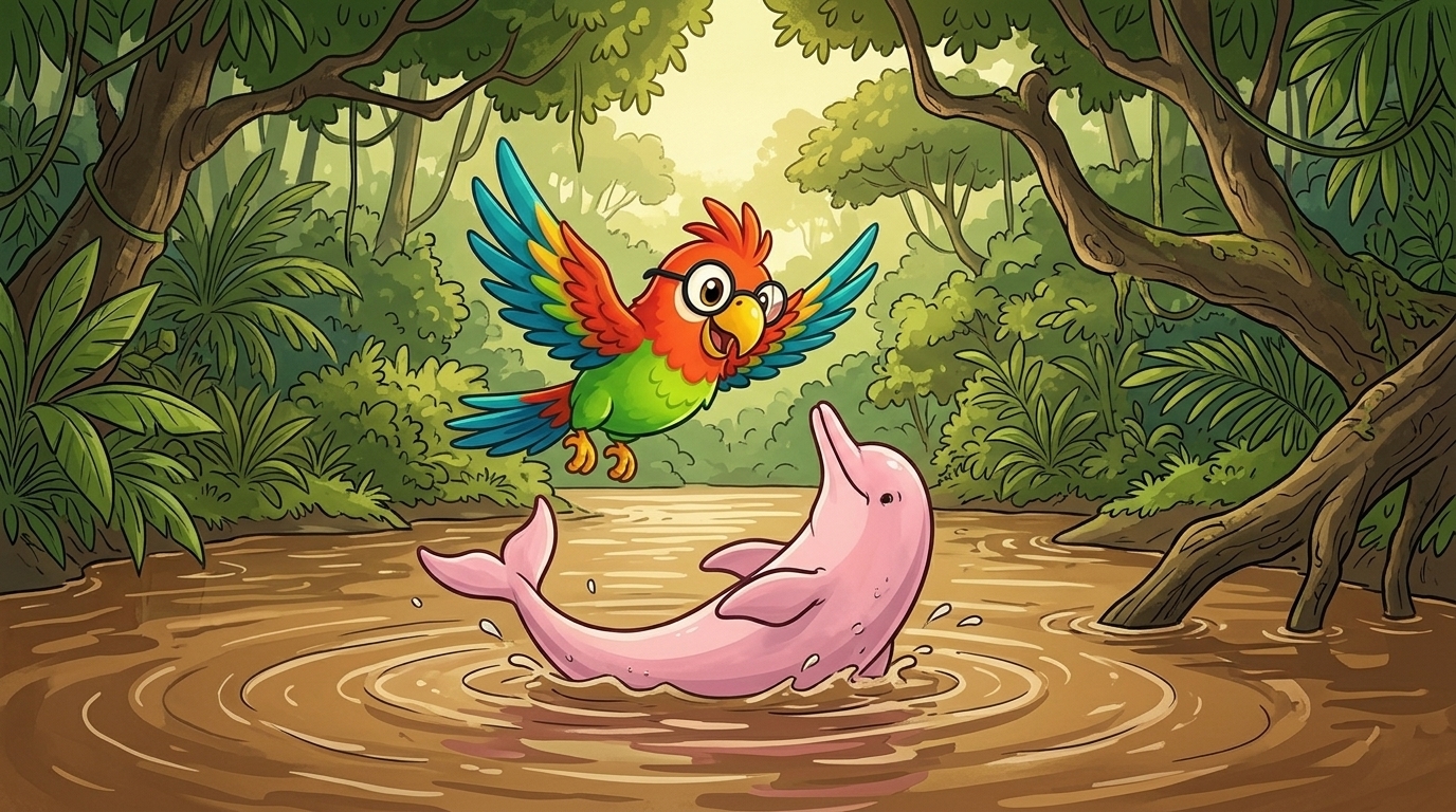 Dann rollte ein glatter rosa Rücken aus dem Wasser. Polly flog tiefer. Rosa Delfine leben im Amazonas, weit weg vom M...