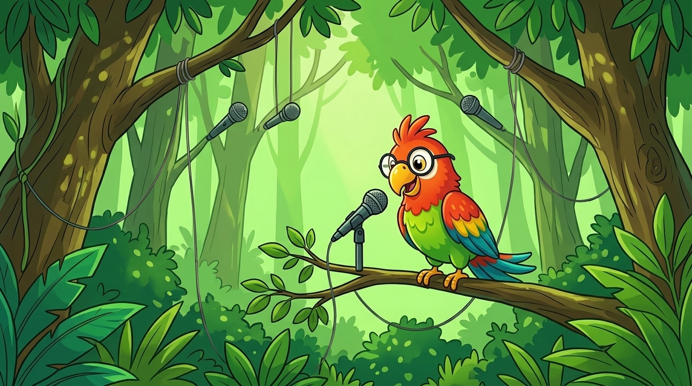 Sie hörten dem Wald zu. Der Wald ist sehr dicht und sehr hoch. Man kann die Tiere nicht durch Schauen zählen. Viele v...