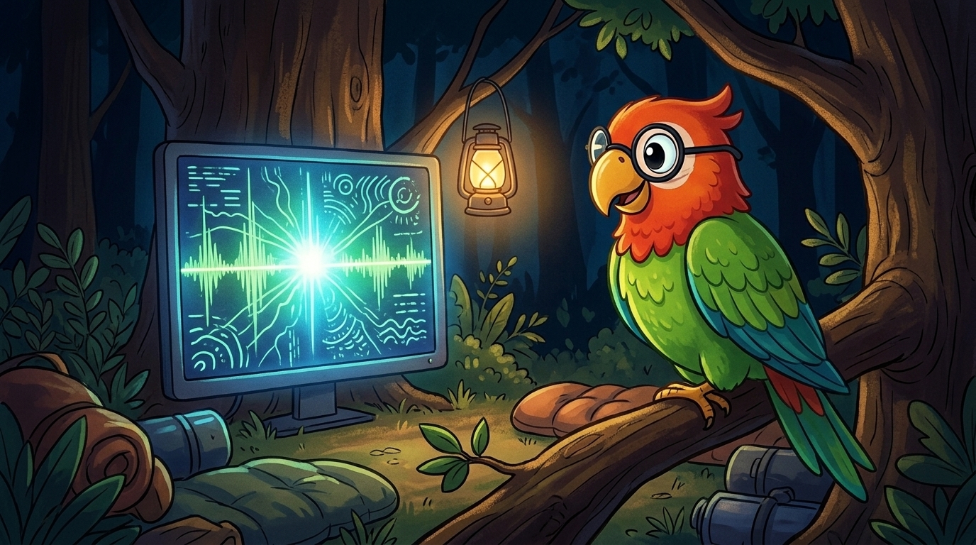Die Forscherin zeigte Polly einen Bildschirm. Die Geräusche des Waldes waren jetzt ein Bild, Linien und Wellen. Jede ...