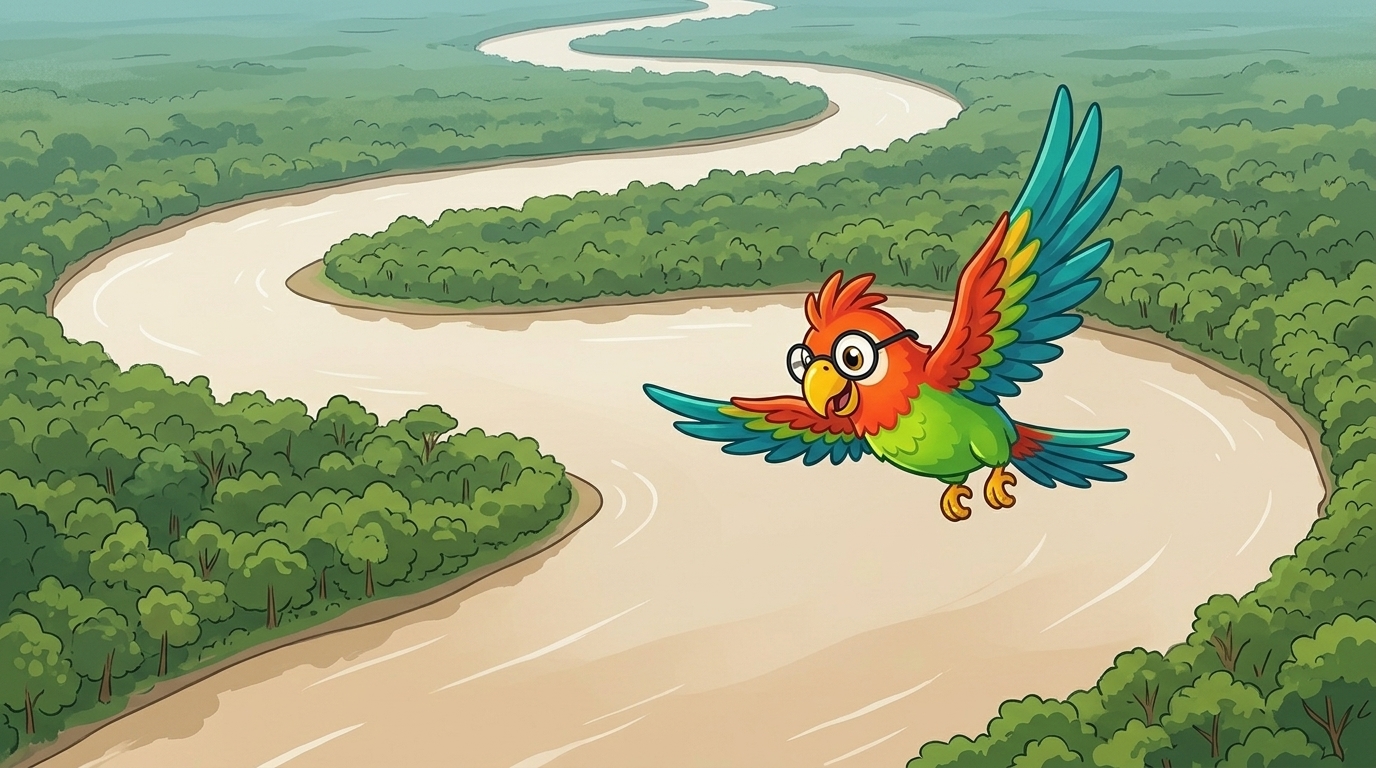Ein großer brauner Fluss lief durch das Grün. Er war sehr breit. Der Amazonas trägt mehr Wasser als jeder andere Flus...