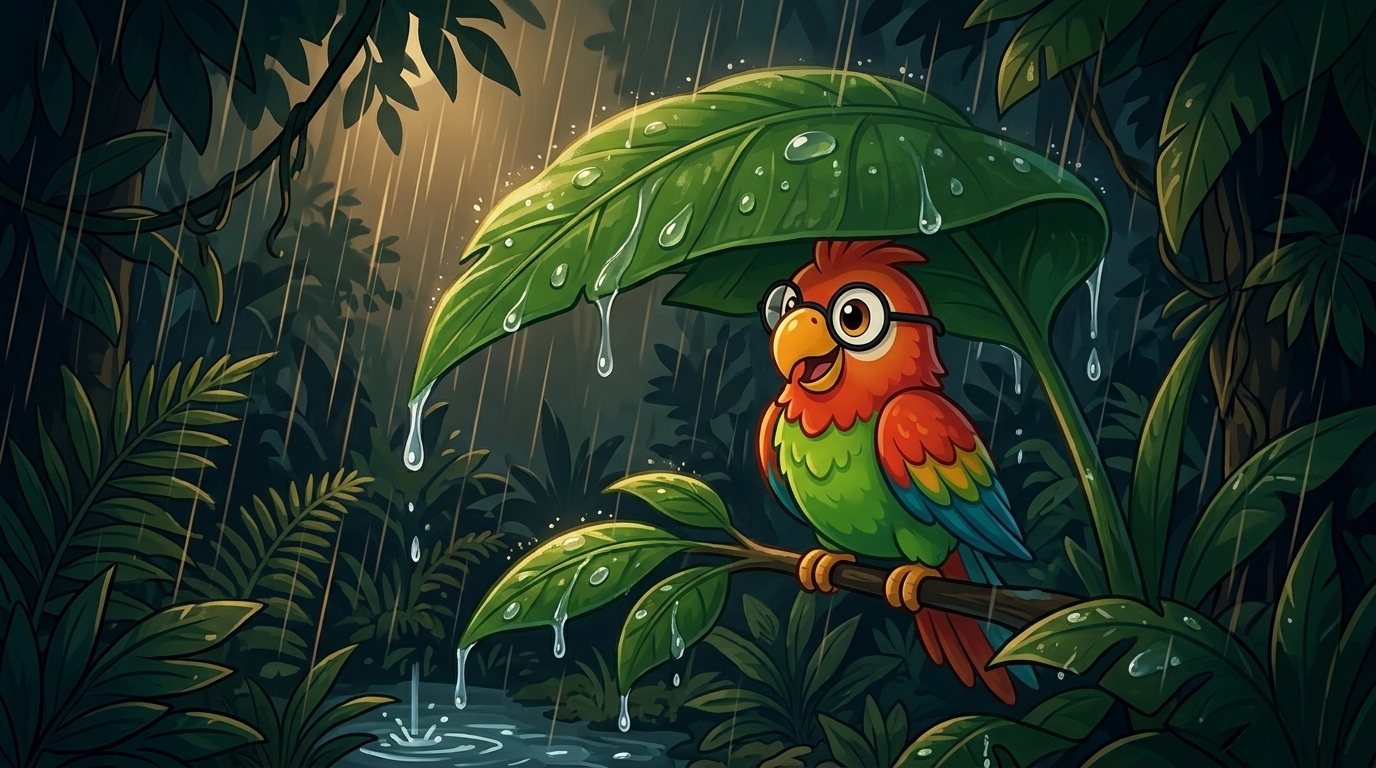 Spät in der Nacht kam der warme Regen. Er fiel durch die Blätter. Polly saß unter einem großen Blatt. Sie hörte den R...