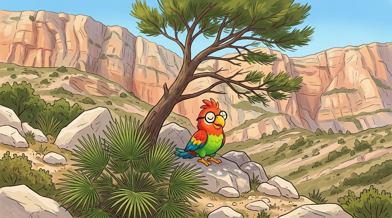 Eine kleine Zwergpalme wuchs zwischen den Felsen. Kiefern lehnten sich über den hellen Stein. Polly saß im Schatten u...
