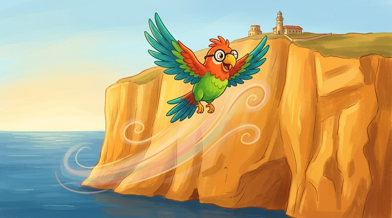 Die warme Luft stieg an der Klippe hinauf. Polly öffnete ihre Flügel, und der Wind hob sie hoch.