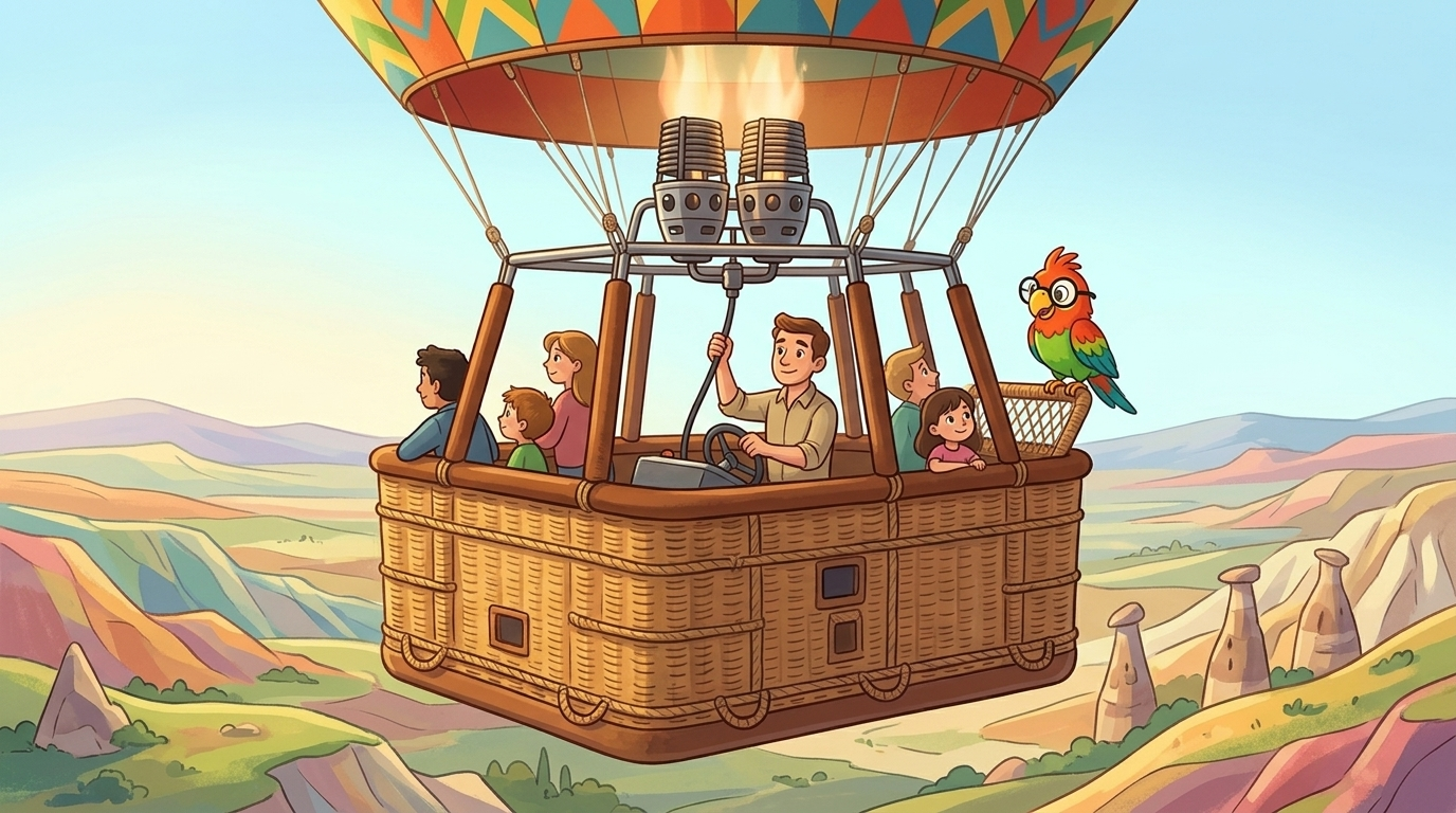 Polly landete auf dem Rand eines großen Korbs, hoch in der Luft. Darin standen ein Pilot und seine glücklichen Passag...