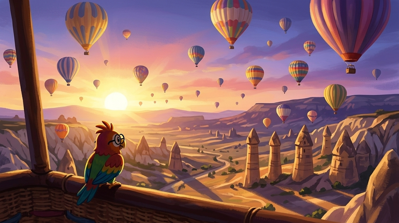 Die Sonne ging über den fernen Hügeln auf. Jeder Ballon wurde golden, und die Steintürme leuchteten wie Honig. Polly ...