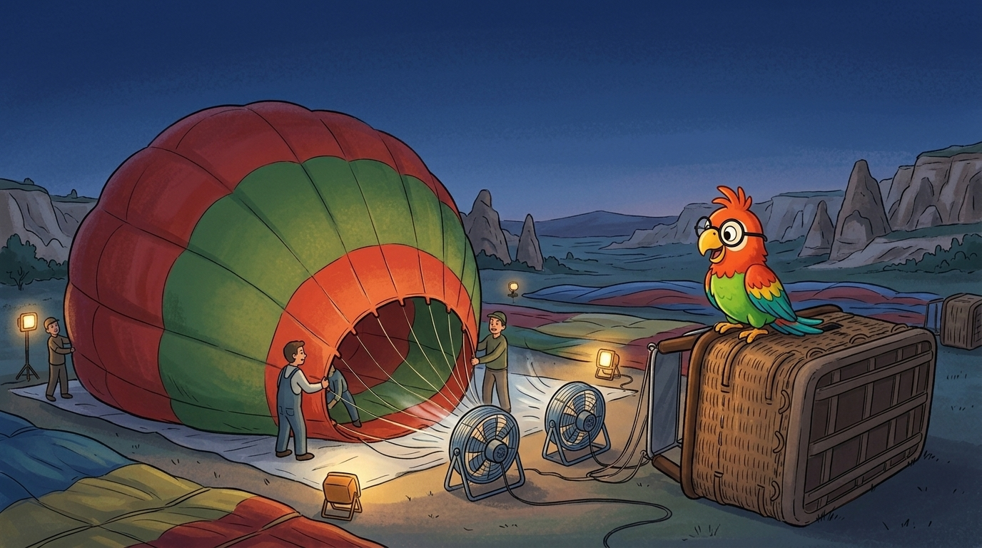 Polly stand auf einem Korb und schaute zu. Das Team zog den Ballon aus seinem Sack. Er lag flach auf dem Boden, wie e...