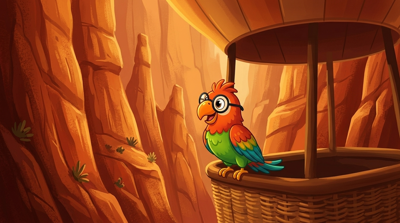 Er ließ den Ballon langsam in das rote Tal sinken. Die Steinwände stiegen auf beiden Seiten auf, nah und warm. Polly ...