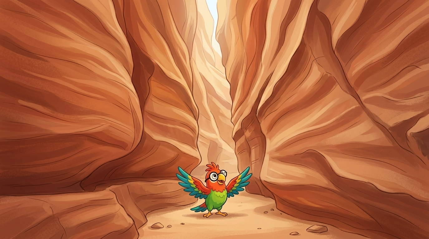 Die Leute nennen diese Schlucht den Siq. An manchen Stellen ist sie nur drei Meter breit. Wenn Polly ihre Flügel auss...