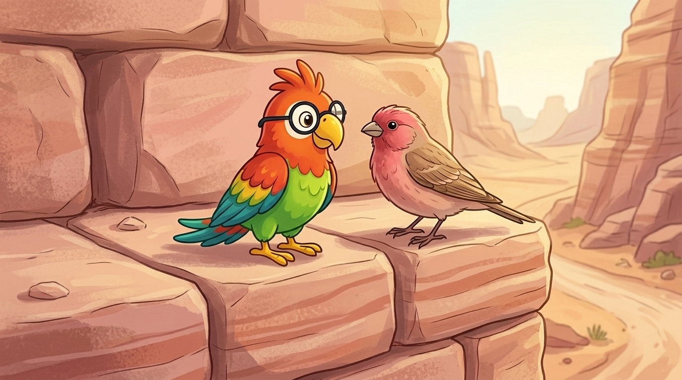 Ein kleiner rosa Vogel landete neben ihr. Es war ein Rosengimpel, und seine Federn hatten genau die Farbe des Felsens...