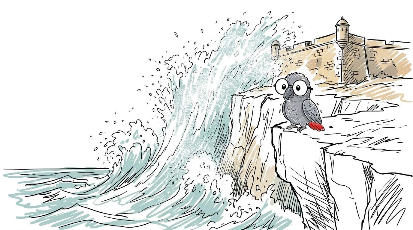 Die Welle explodiert. Weißer Schaum springt die ganze Klippe hoch. Er spritzt über die Burg wie kalter Regen. Er mach...