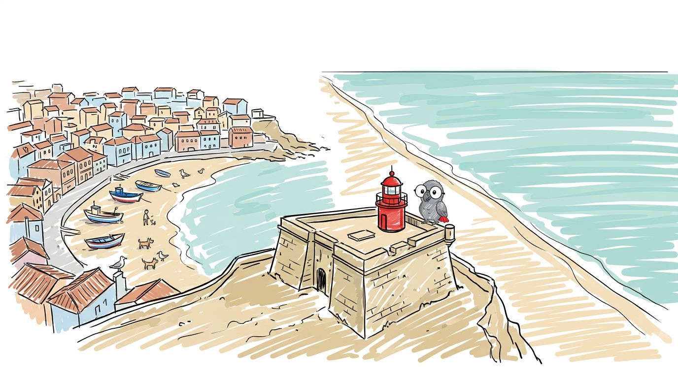 Die Klippe hat Meer auf zwei Seiten. Eine Seite hat eine Stadt und einen ruhigen Strand mit bunten Booten. Die andere...