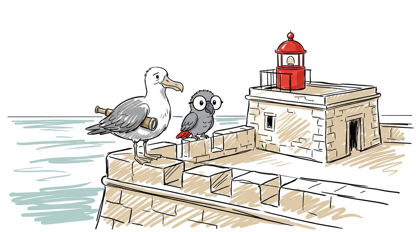 Ein alter Albatros kommt mit einem Fernrohr. Er schaut lange auf das Meer. Dann sagt er: Dieses ruhige Meer kann dich...