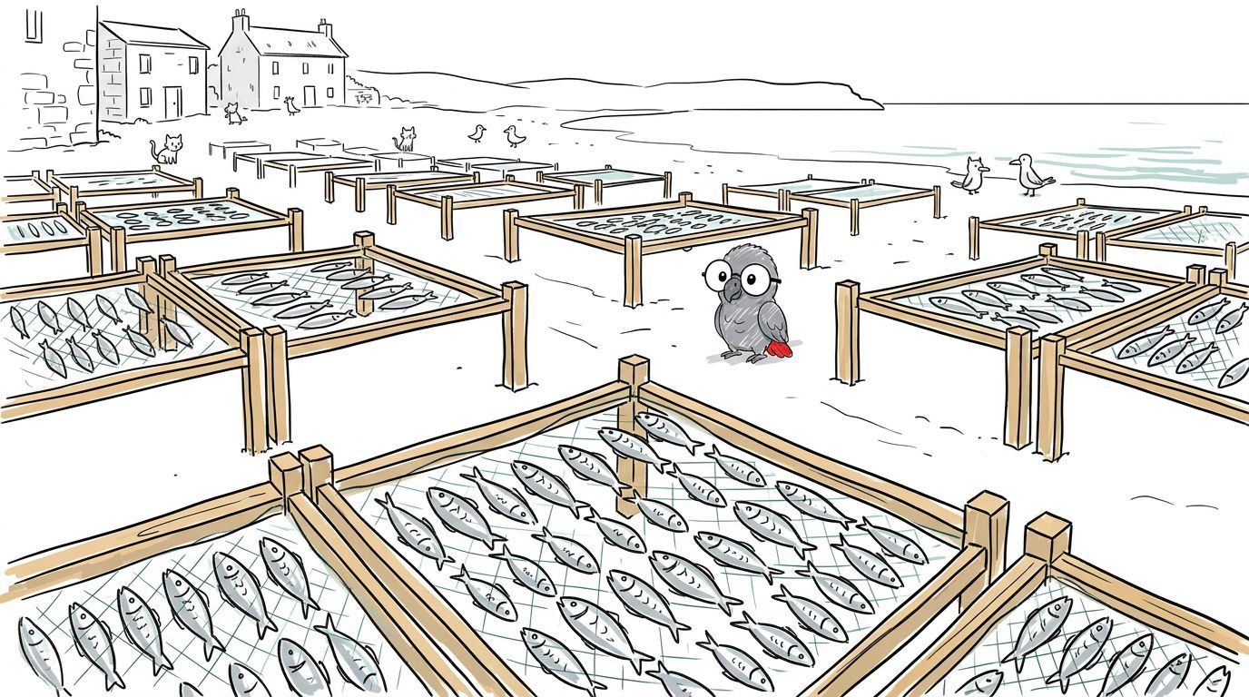 Der Strand war voll mit Holzgestellen. Auf den Gestellen lagen viele kleine Silberfische. Sie trockneten in der Sonne...