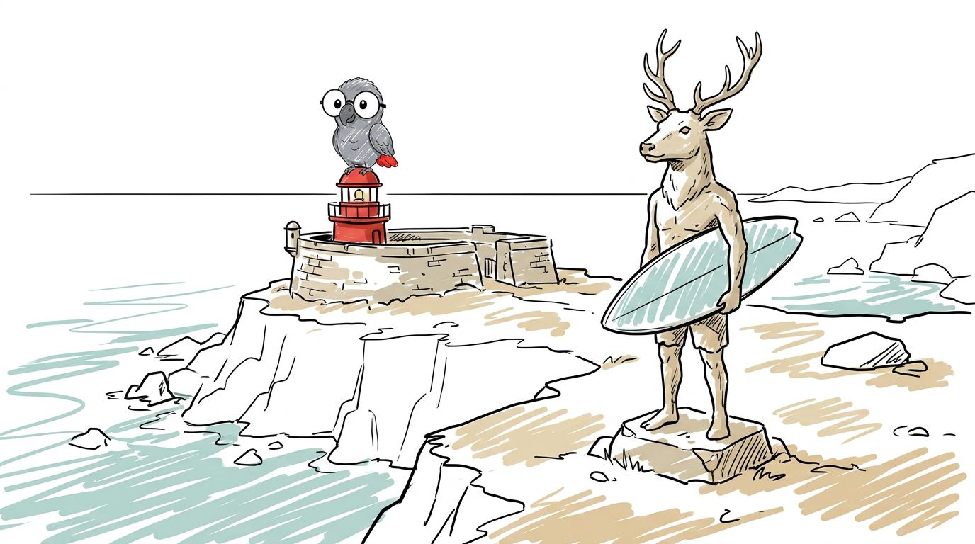 Draußen saß Polly auf einer Statue mit einem Hirschkopf. Sie hielt ein Surfbrett. Unten wurden die Wellen immer größer.