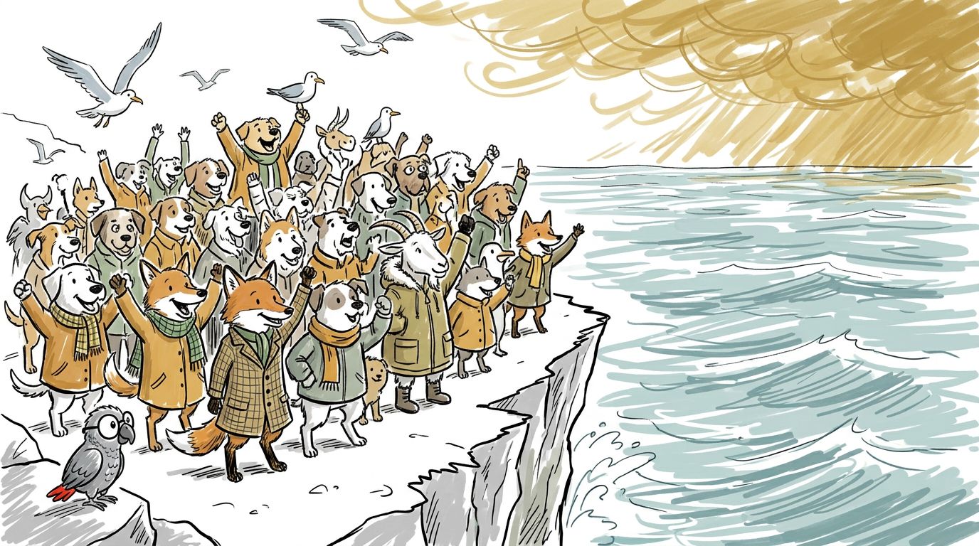 Den ganzen Nachmittag kommen die Riesen. Tiere stehen auf der Klippe: Hunde, Füchse und Möwen. Sie jubeln bei jeder F...