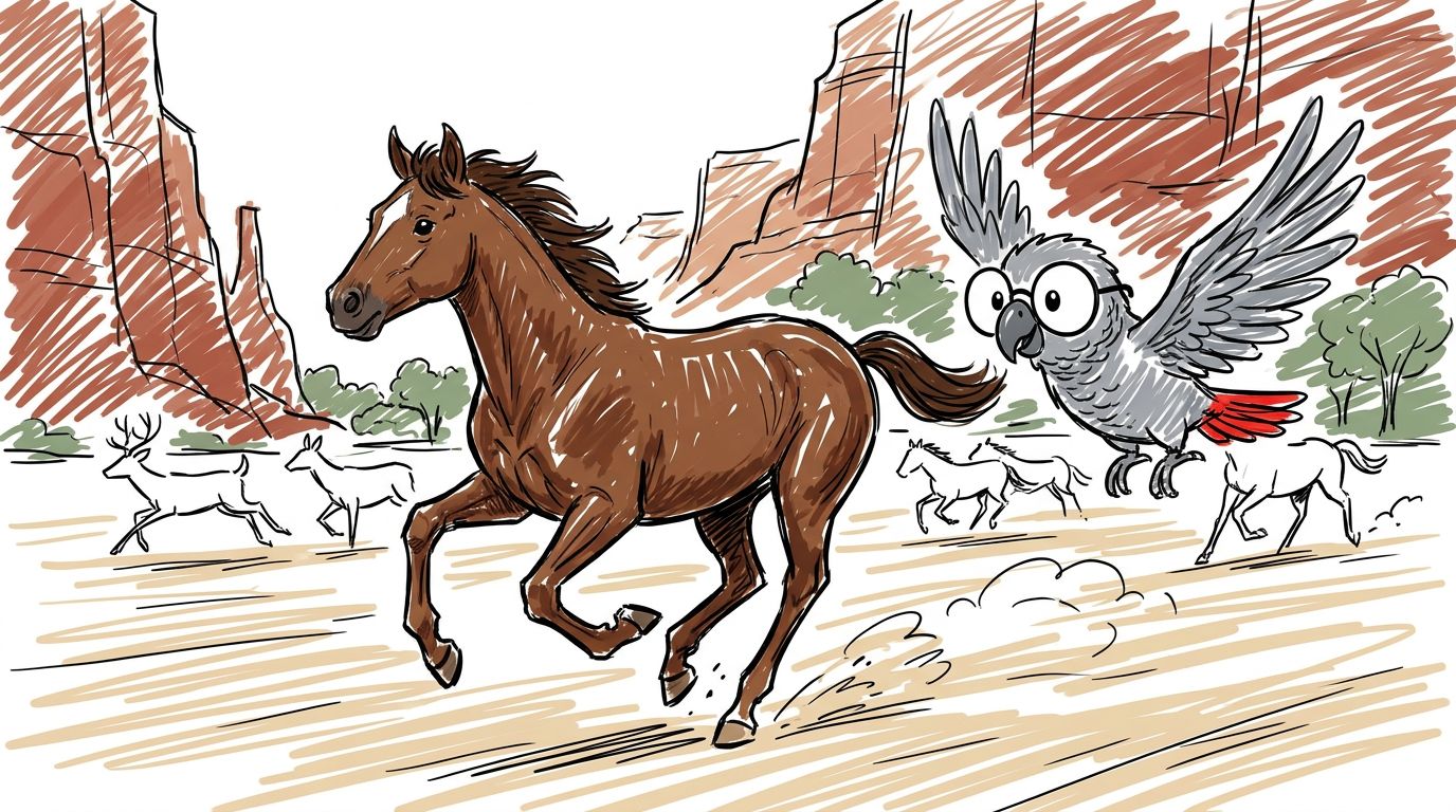 Polly vloog naast een jong bruin paard. Waar gaan jullie heen, vroeg ze. Nergens heen, zei het paard. We rennen hier ...