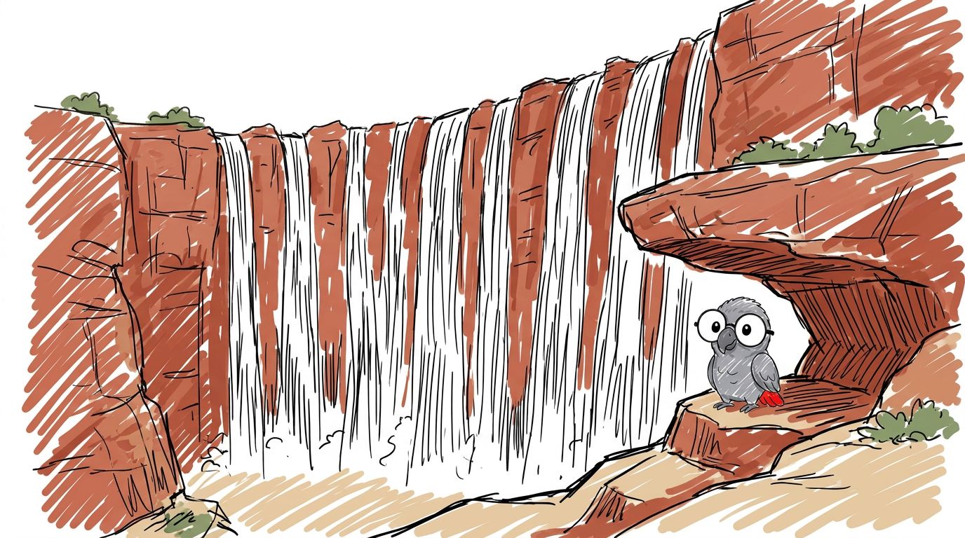 Dann regnete es. Das Wasser konnte nicht in den flachen Felsen fließen. Also lief es über den Rand der Schlucht. Eine...