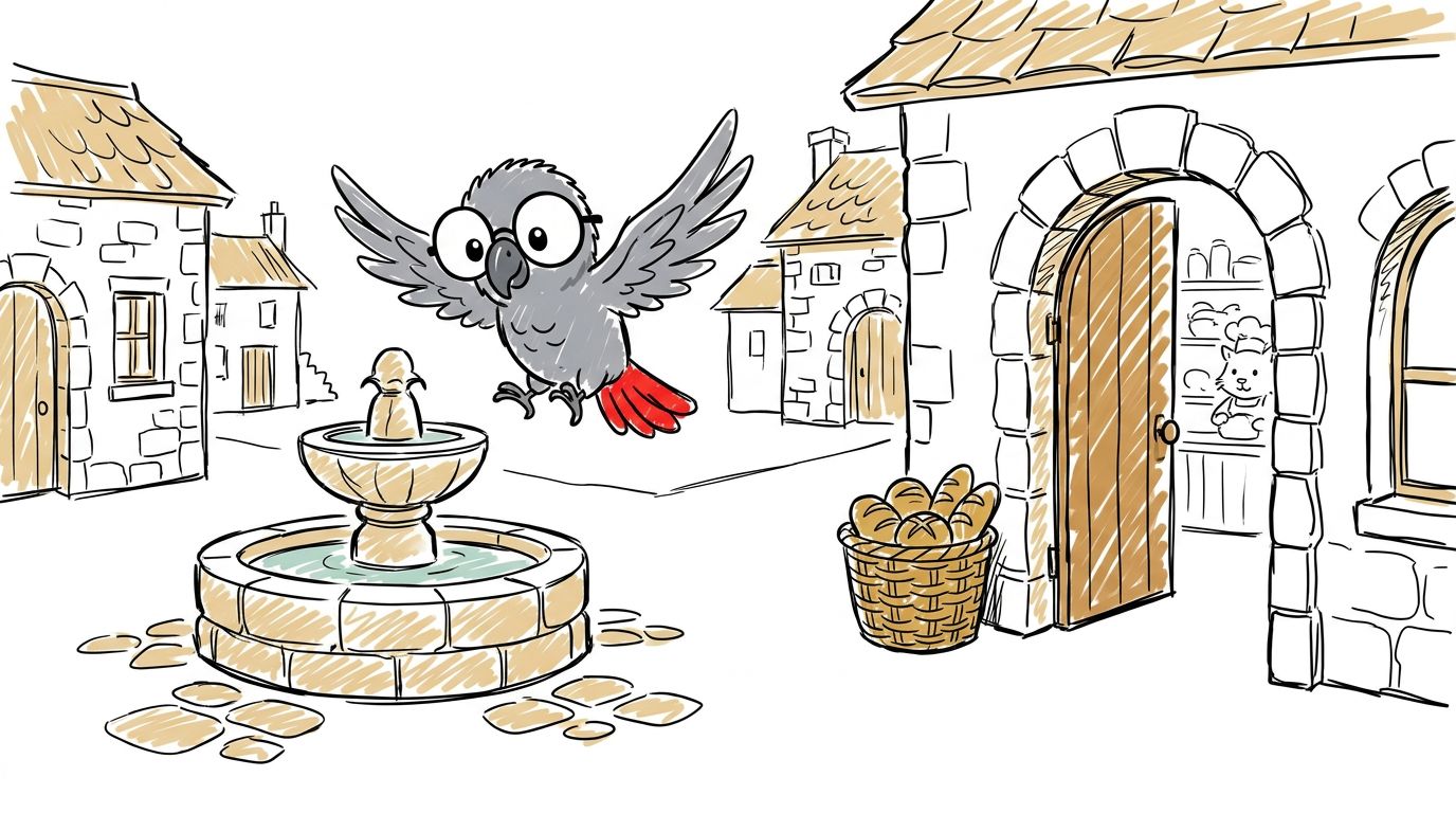 Polly fliegt über die Dächer und landet auf dem Hauptplatz. Er ist sehr klein, fast wie ein Zimmer. In einer Ecke ste...