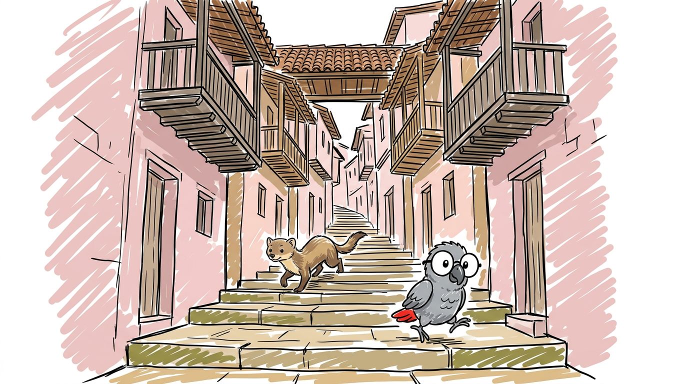 Die Straßen von Albarracín sind nie gerade. Sie steigen in Stufen und gehen unter kleinen Bögen hindurch. Die Holzbal...