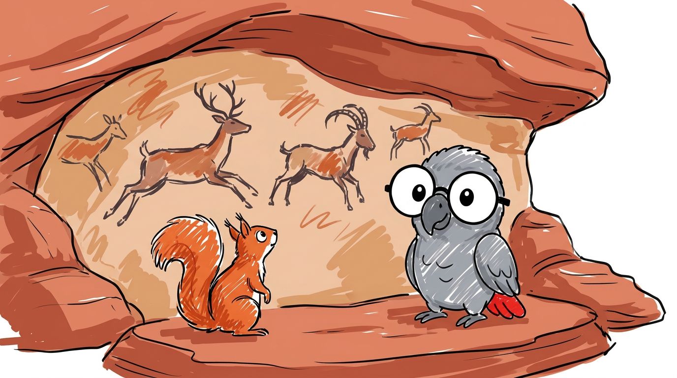 Das Eichhörnchen zeigt Polly einige Felswände. Auf dem roten Stein sind Malereien. Polly sieht Hirsche und Wildziegen...