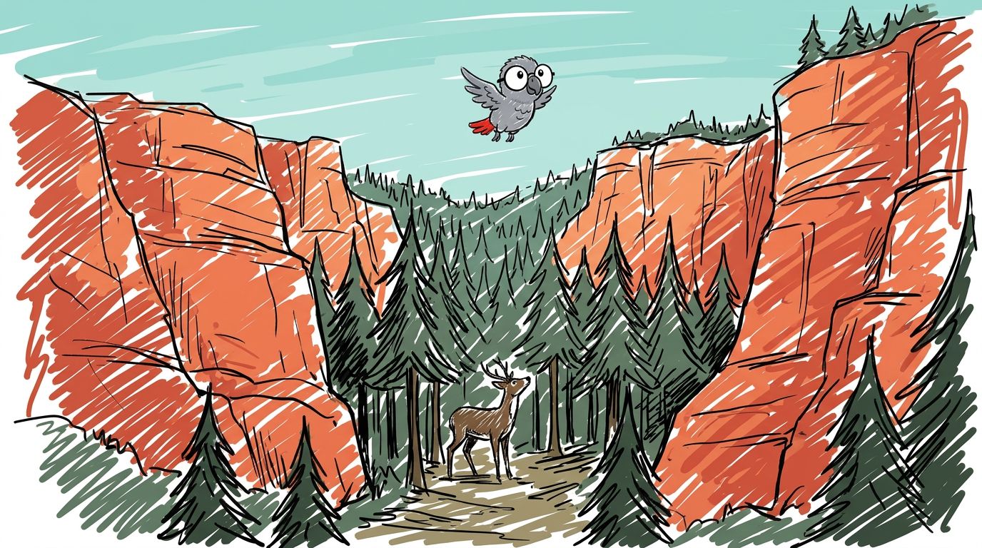 Am Abend glühen die Felsen rot. Ein echtes Reh geht zwischen den Bäumen. Dann ist es weg. Der Wald ist still.