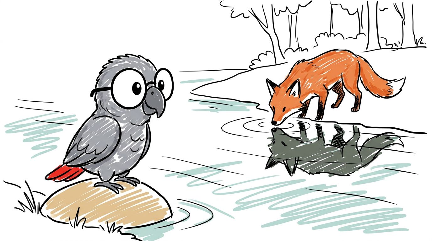 Als es dunkel wird, kommt ein Fuchs zum anderen Ufer, um zu trinken. Polly und der Fuchs schauen sich über das Wasser...