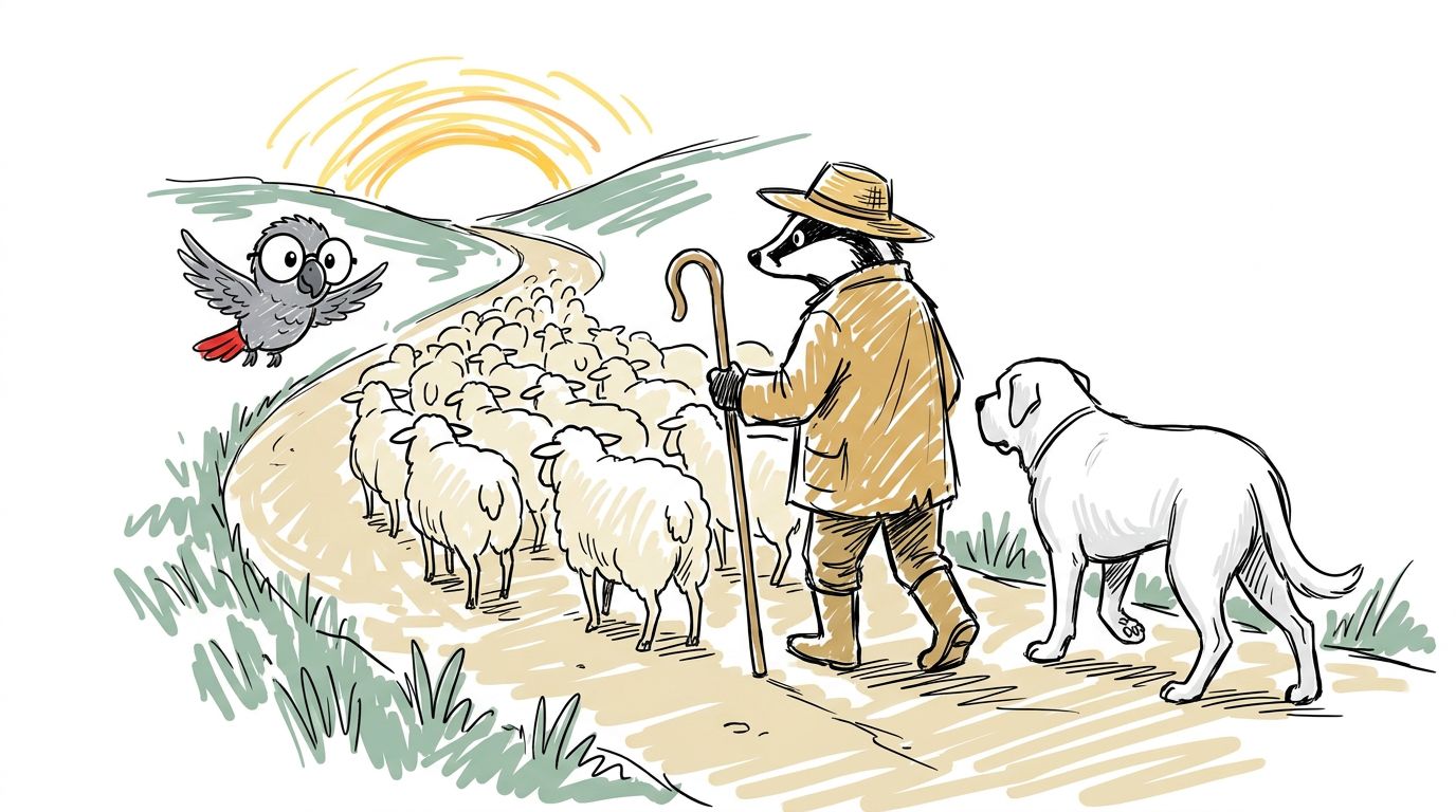 Ein Hirte geht hinter den Schafen. Er hat einen großen weißen Hund. Der Hund ist sehr ruhig. Die Schafe kennen den Weg.