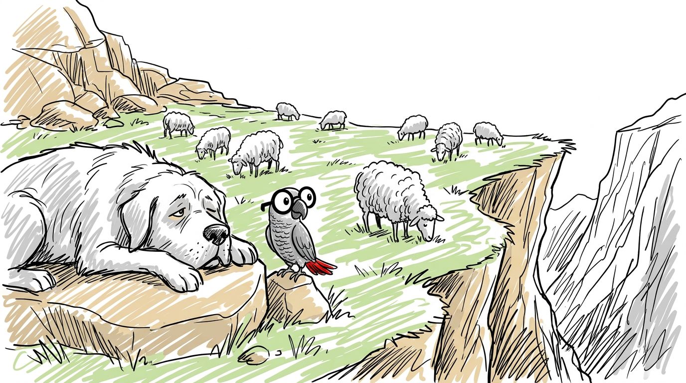 Polly fragt den Hund: Darf ich mitkommen? Der Hund nickt. Sie gehen zur grünen Wiese hinauf. Die Schafe fressen den g...