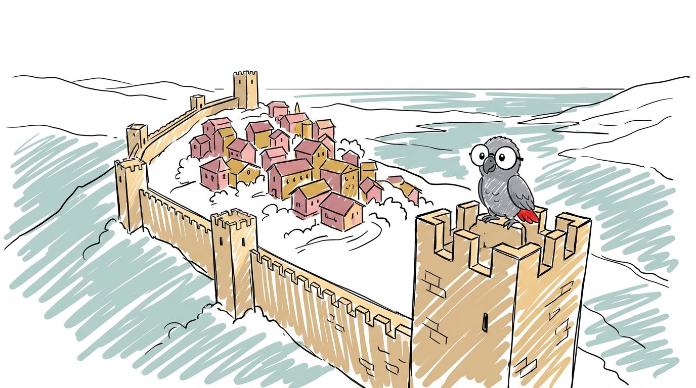 Das erste Licht berührt den Turm. Dann wandert es die Mauer hinunter und über die Dächer. Für ein paar Minuten glüht ...