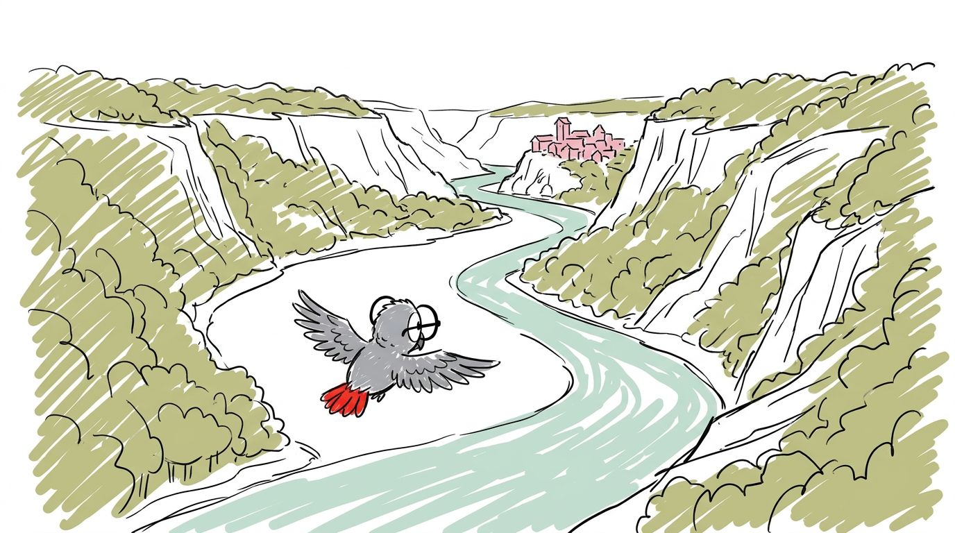 Polly fliegt vom Turm und folgt dem Fluss durch die Schlucht hinaus. Hinter ihr wird die rosa Stadt kleiner und klein...
