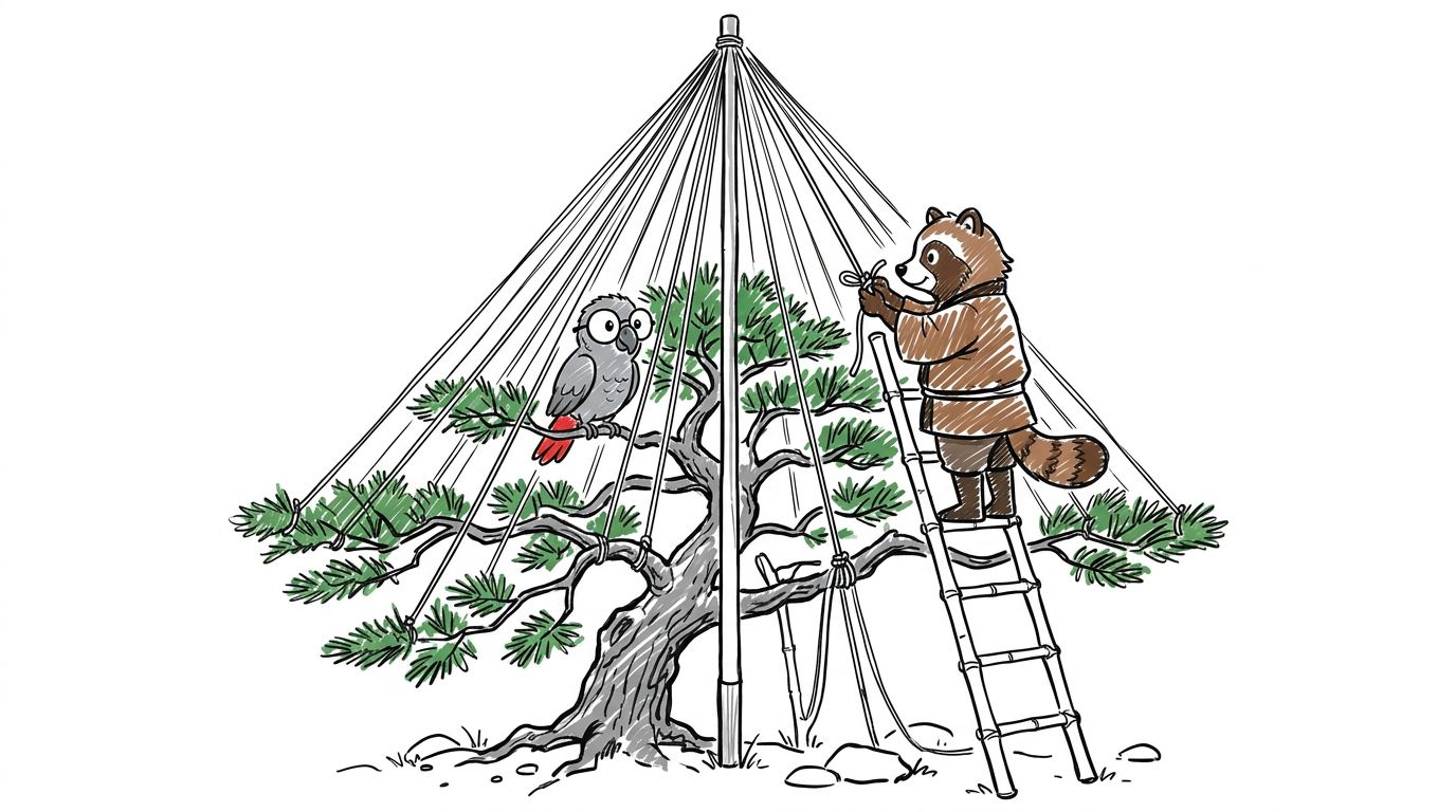 这里最奇特的工作，每年十一月一日开始进行。园丁们在每棵大松树旁竖起一根高高的木杆。然后从杆顶垂下绳索，一直系到树枝的末端。整棵树最后被包裹在一个巨大的绳锥之中。这里的雪又湿又重，如果没有支撑，树枝很容易折断。