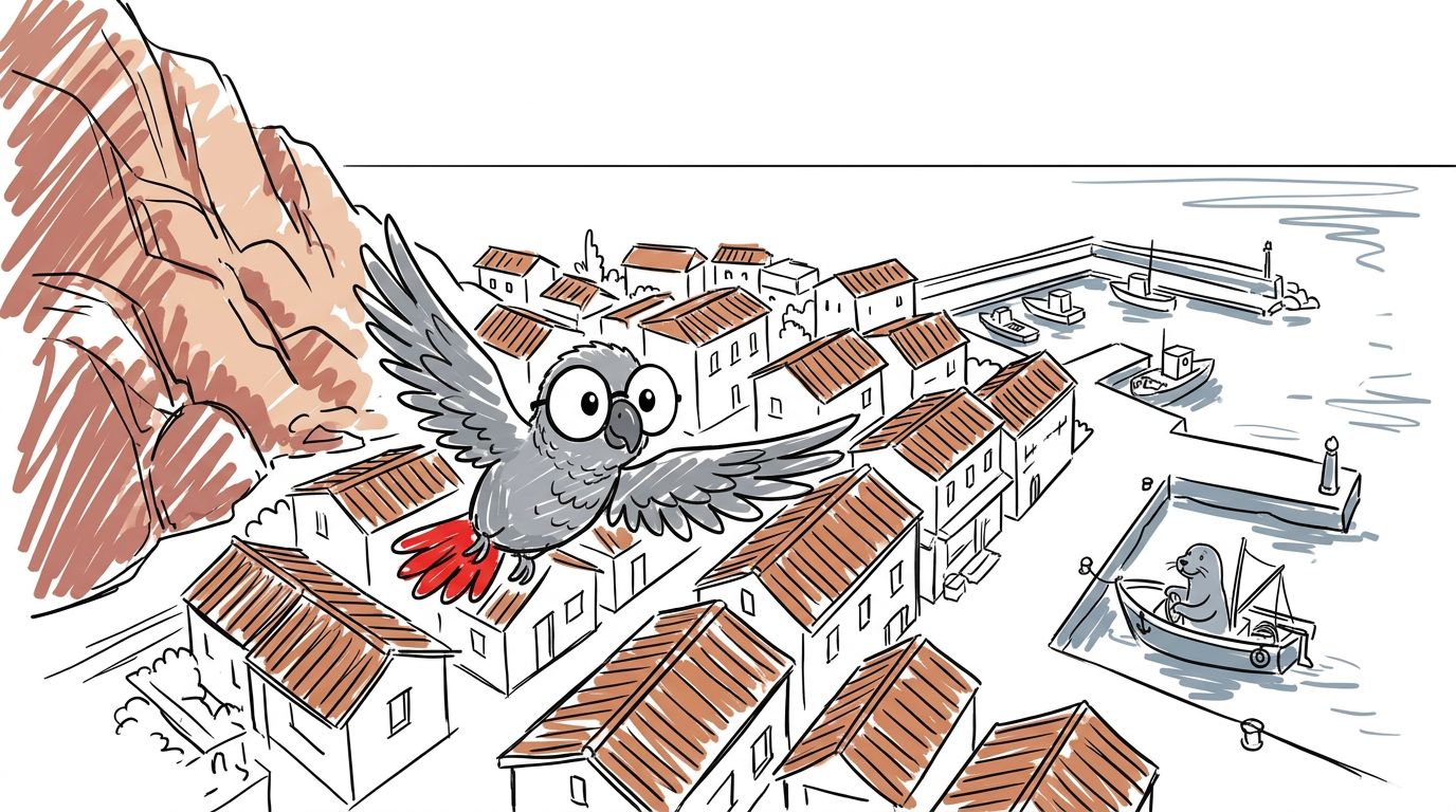 Unter dem Berg lag eine kleine weiße Stadt. Sie hatte enge Straßen, Dächer aus Terrakotta und einen ruhigen Fischerha...