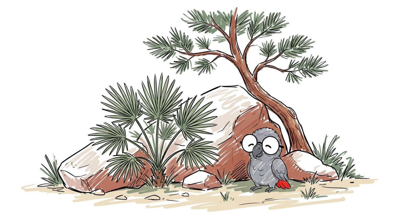 A small fan palm grew between the rocks. Pine trees leaned over the pale stone. Polly sat in the shade and listened t...