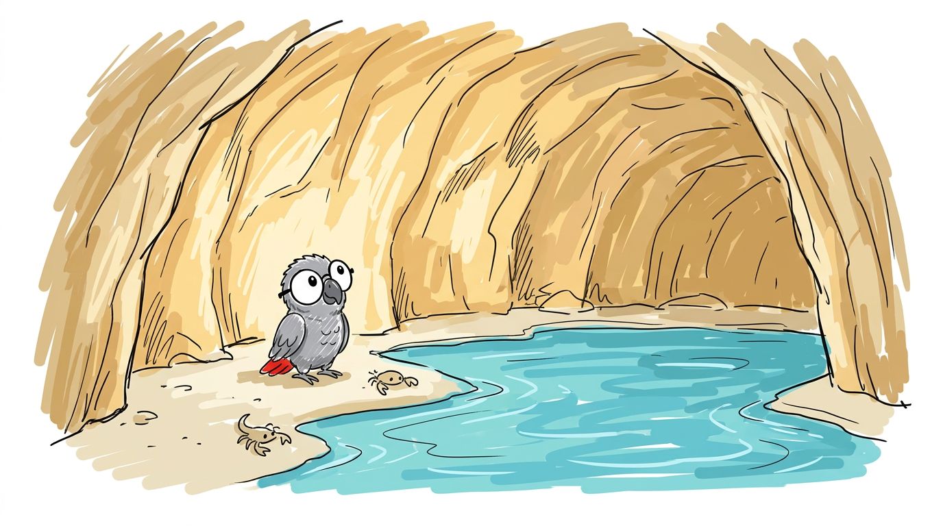 The stone glowed warm and golden. Half of the cave was rock, and half was clear blue sea.