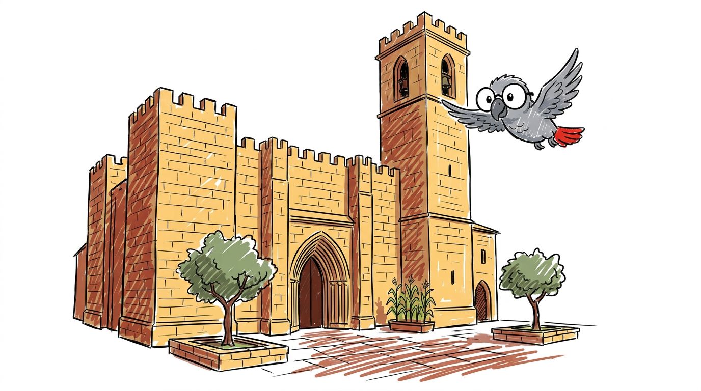 In the middle stood a great church. It looked like a castle, with high walls, a tall tower, and battlements along the...