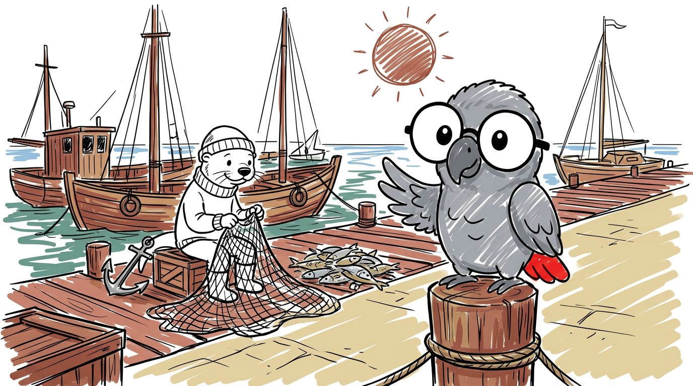 Down at the port, a fisher mended his nets beside the boats. The morning catch shone in the sun. Polly said hello and...